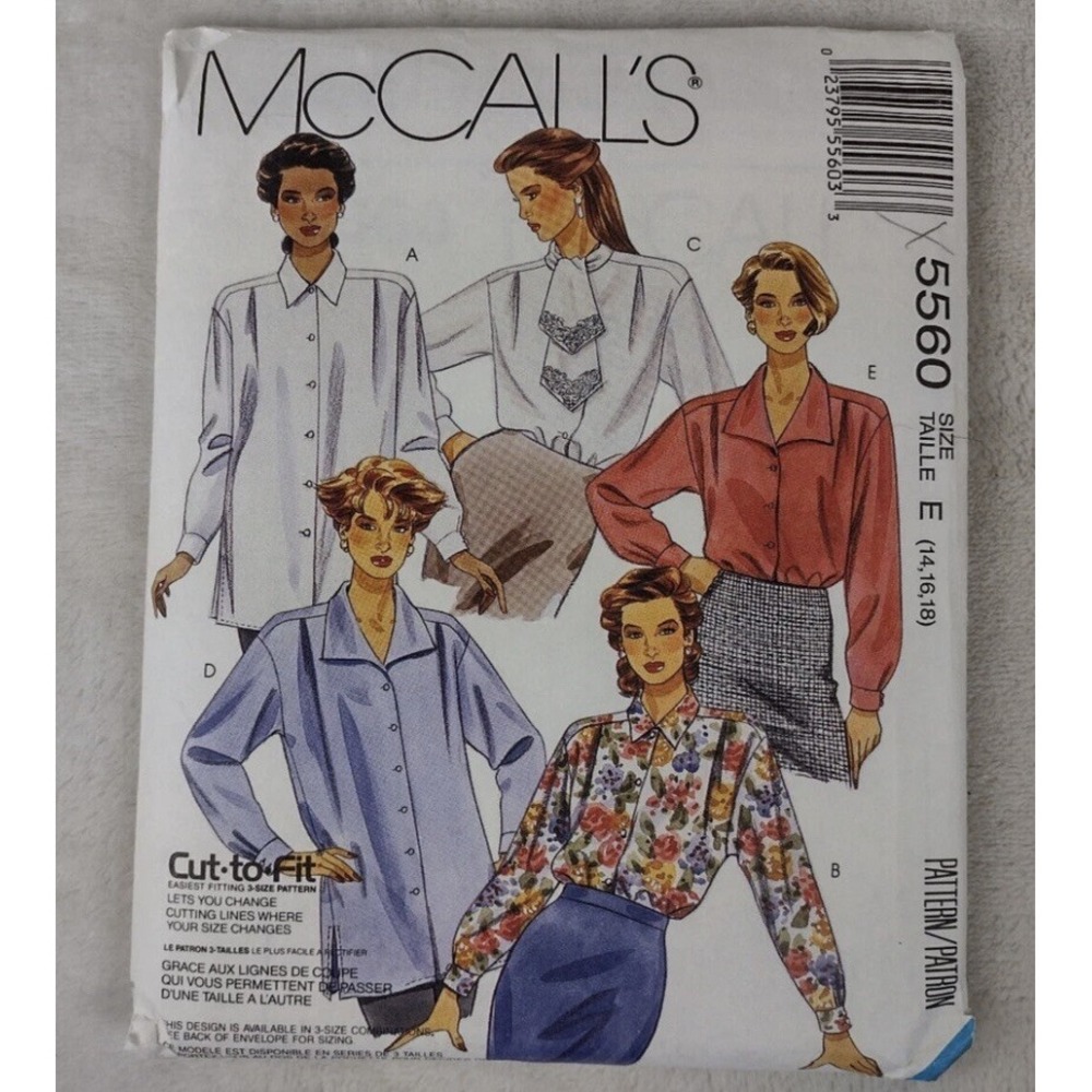 Vintage 90s McCall's Pattern 5560 Shirt Blouse Tie Neck 14 16 18 Uncut